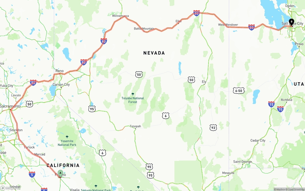 Shipping route from Fresno to Salt Lake City