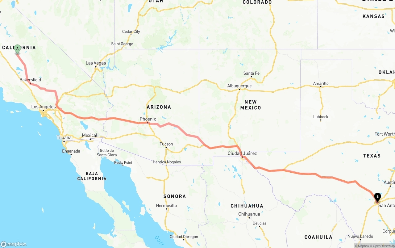 Shipping route from Fresno to San Antonio