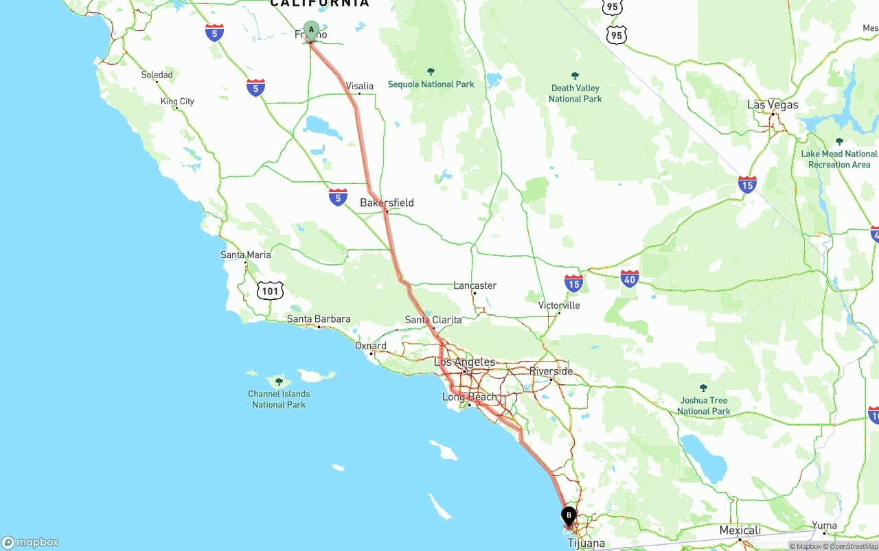 Shipping route from Fresno to San Diego International Airport