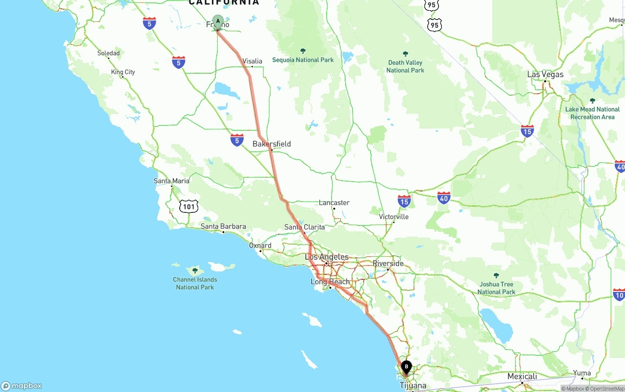 Shipping route from Fresno to San Diego