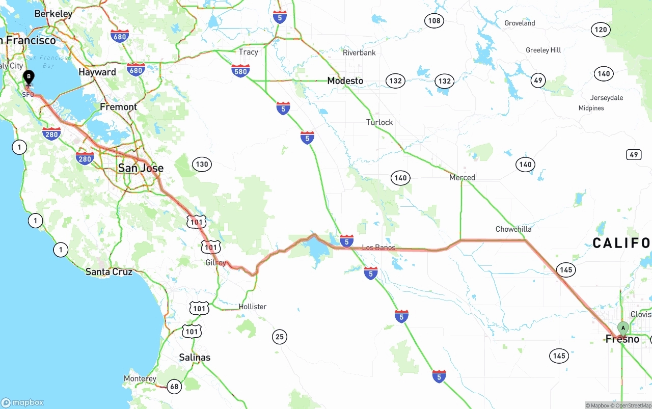 Shipping route from Fresno to San Francisco International Airport