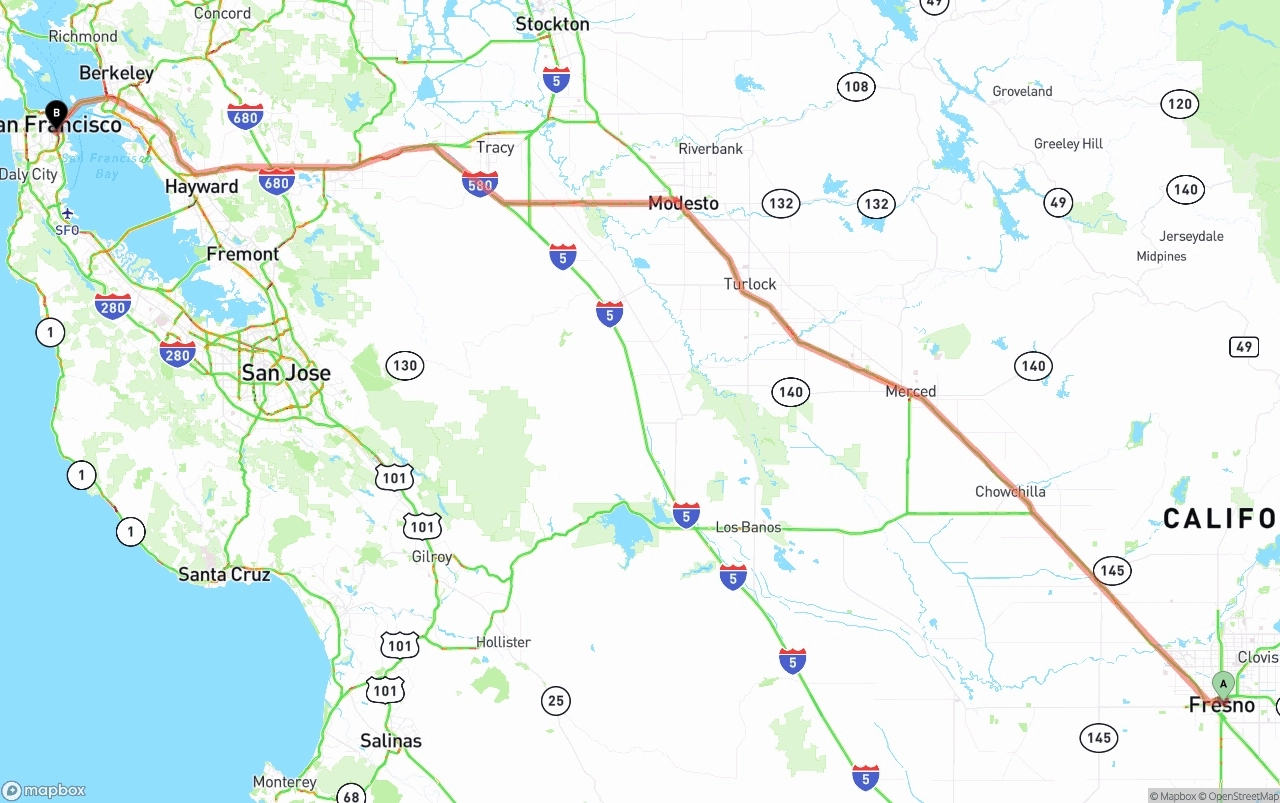 Shipping route from Fresno to San Francisco