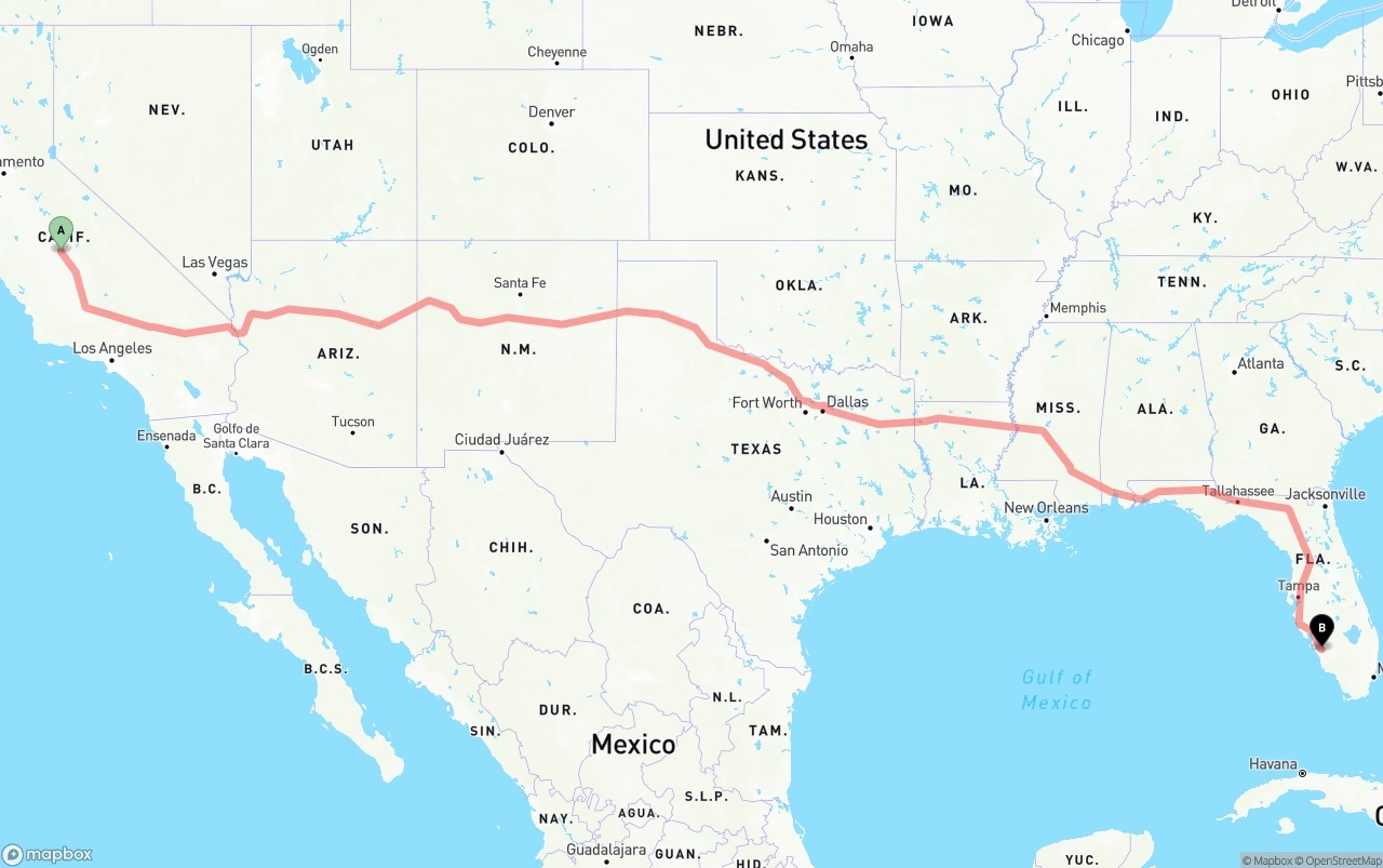 Shipping route from Fresno to Southwest Florida International Airport