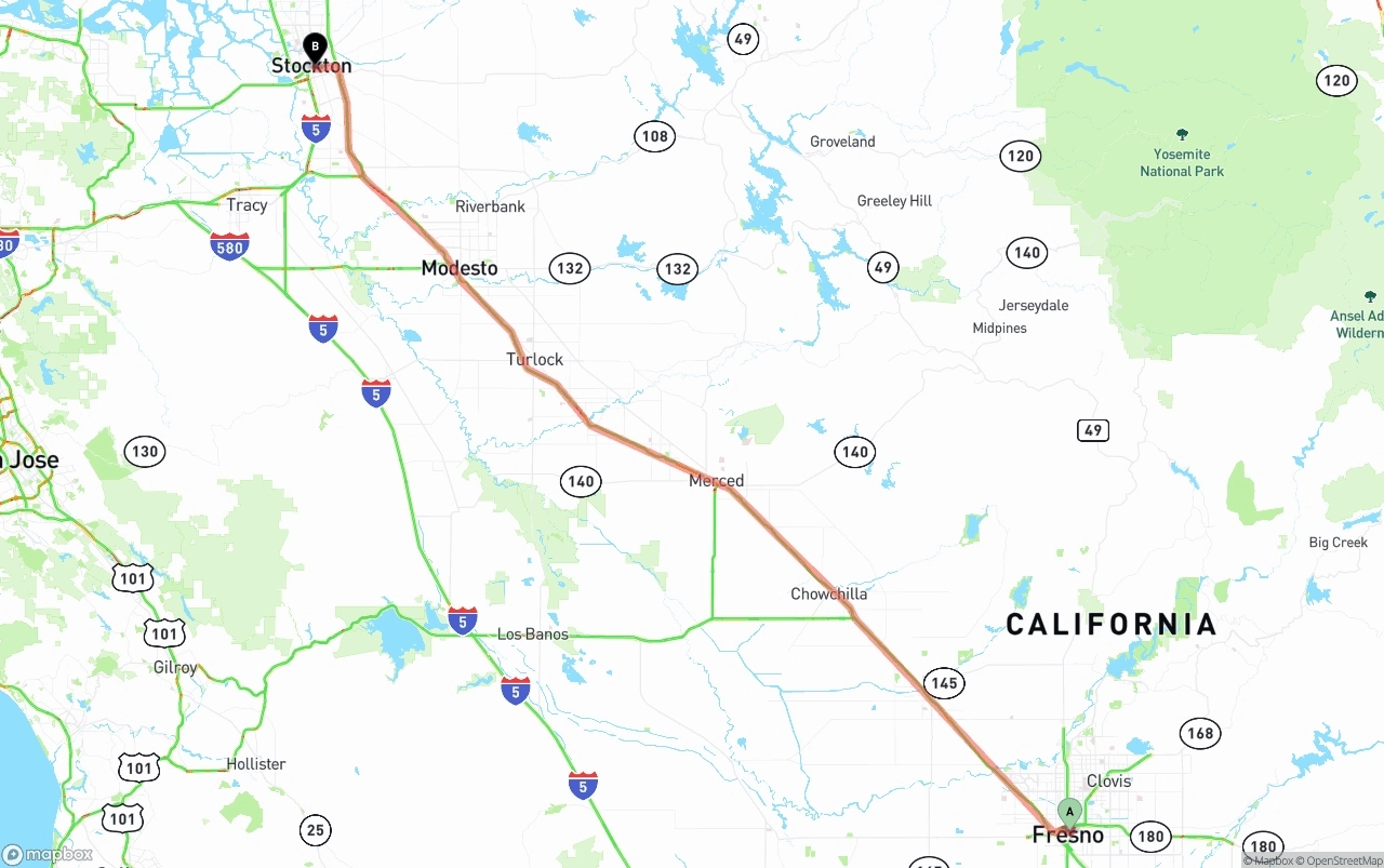 Shipping route from Fresno to Stockton