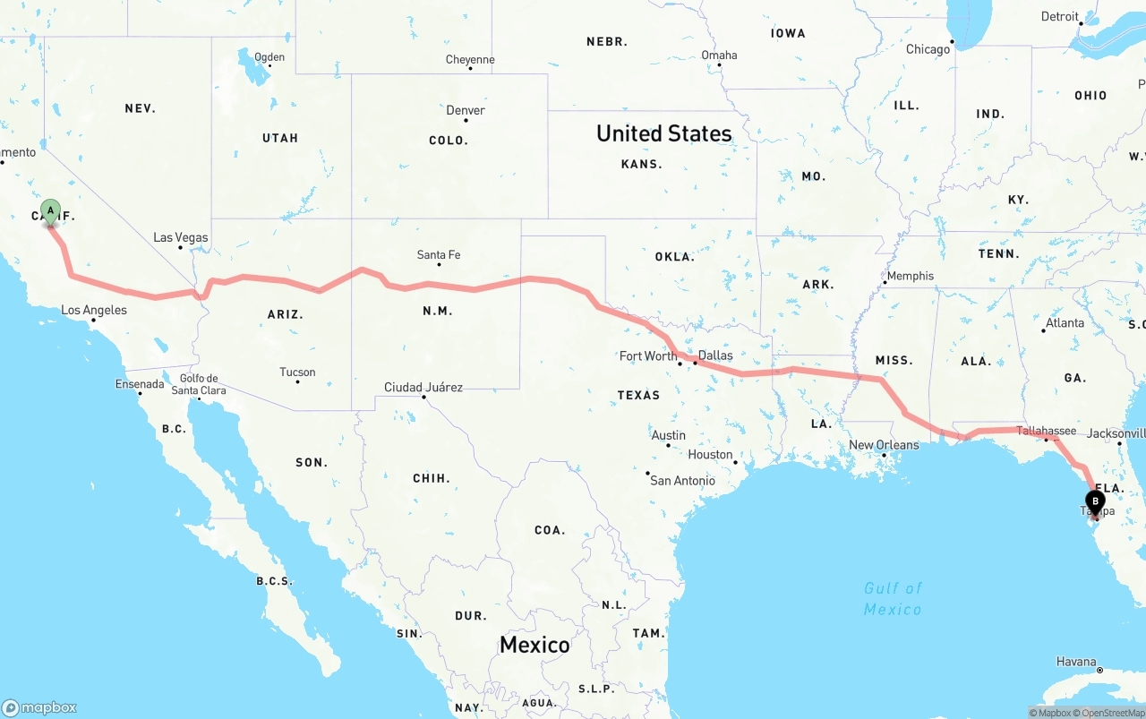 Shipping route from Fresno to Tampa International Airport