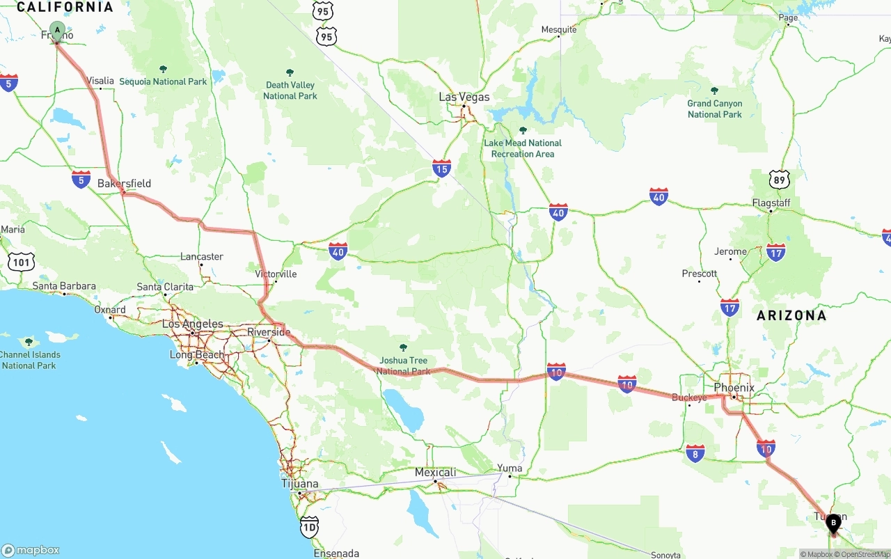 Shipping route from Fresno to Tucson International Airport
