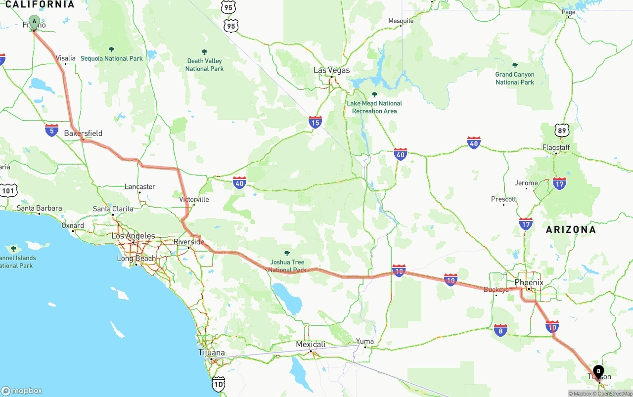 Shipping route from Fresno to Tucson