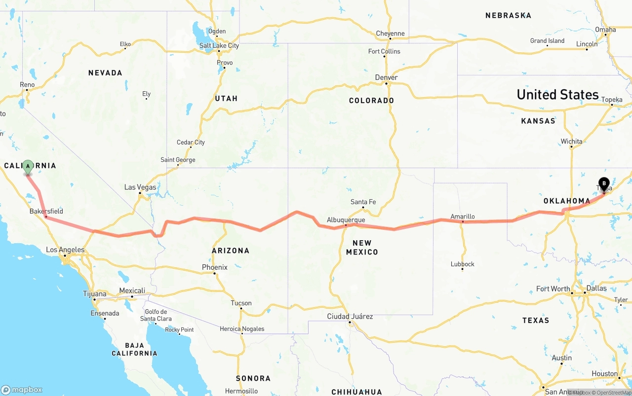 Shipping route from Fresno to Tulsa