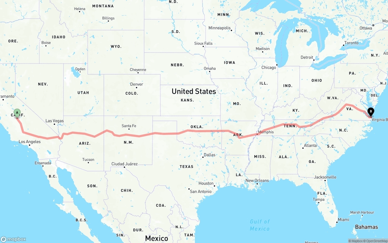 Shipping route from Fresno to Virginia Beach