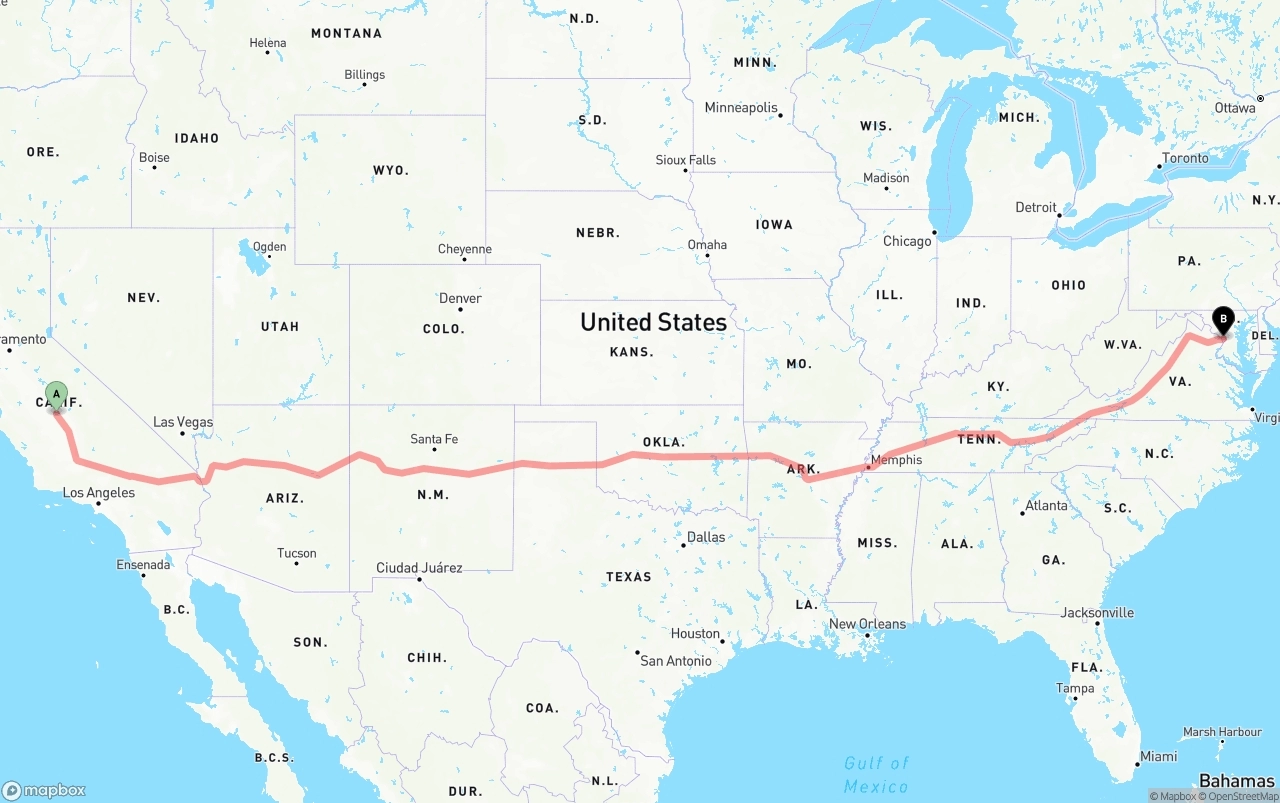 Shipping route from Fresno to Washington D.C.