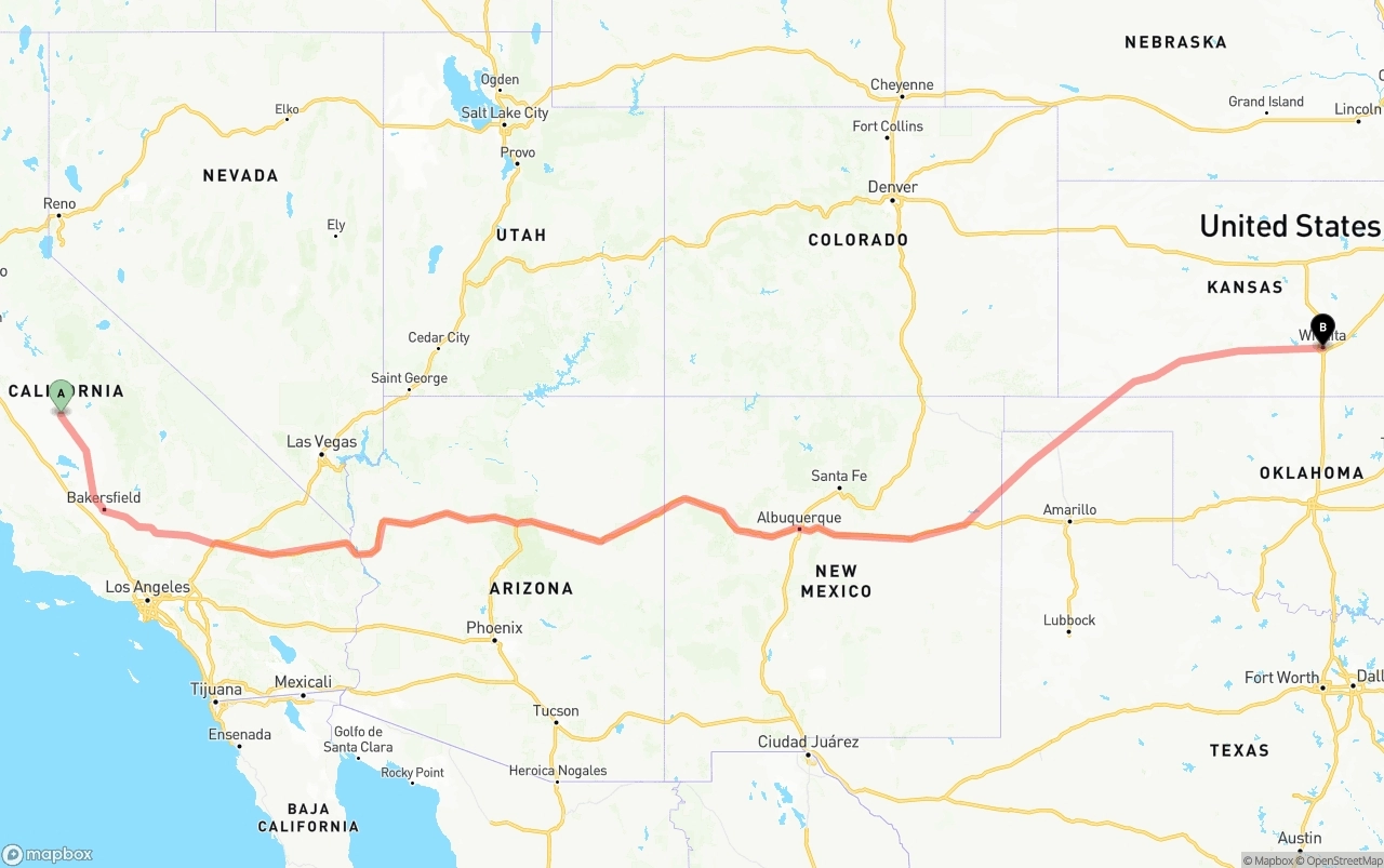 Shipping route from Fresno to Wichita