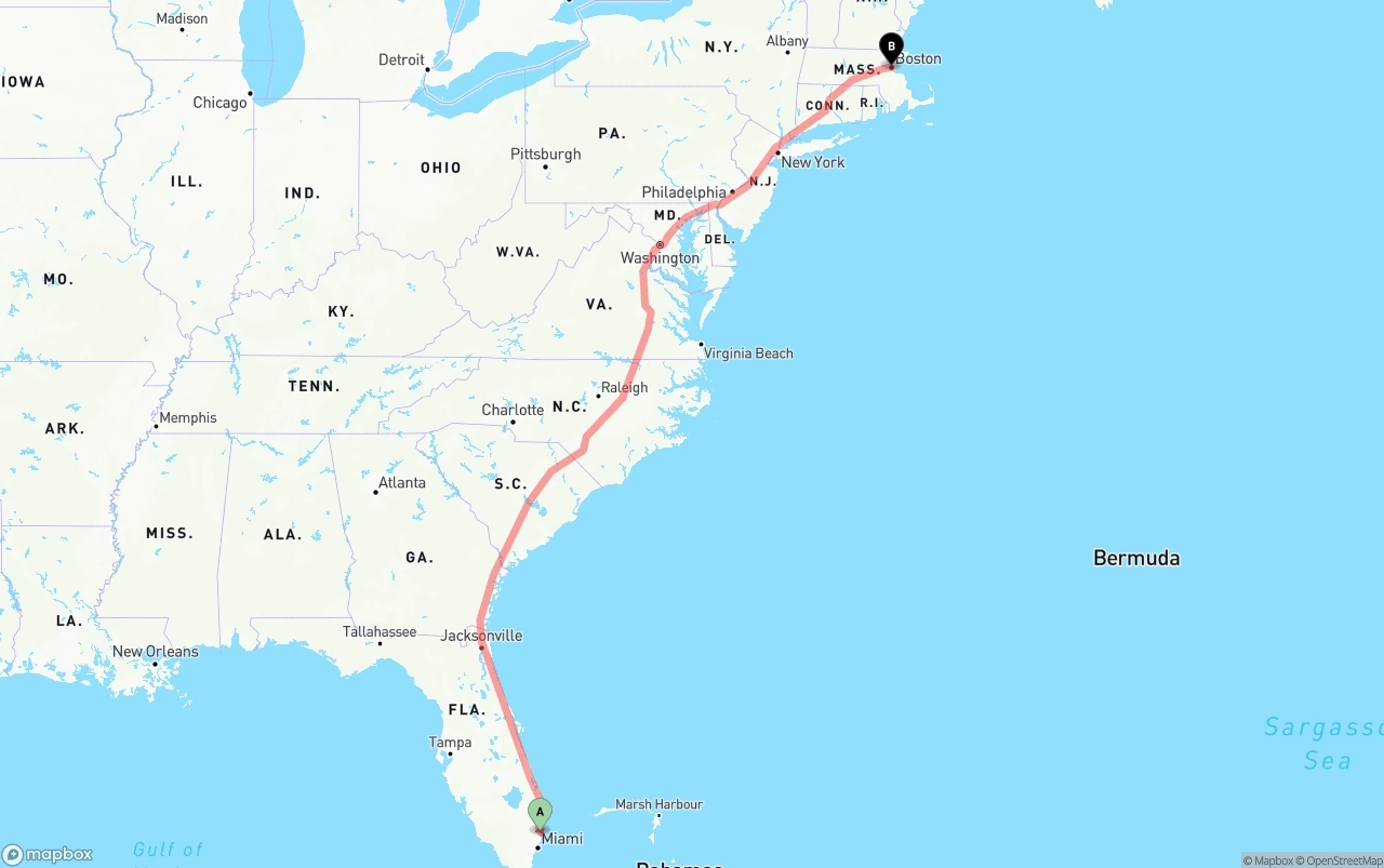 Shipping route from Ft. Lauderdale to Boston