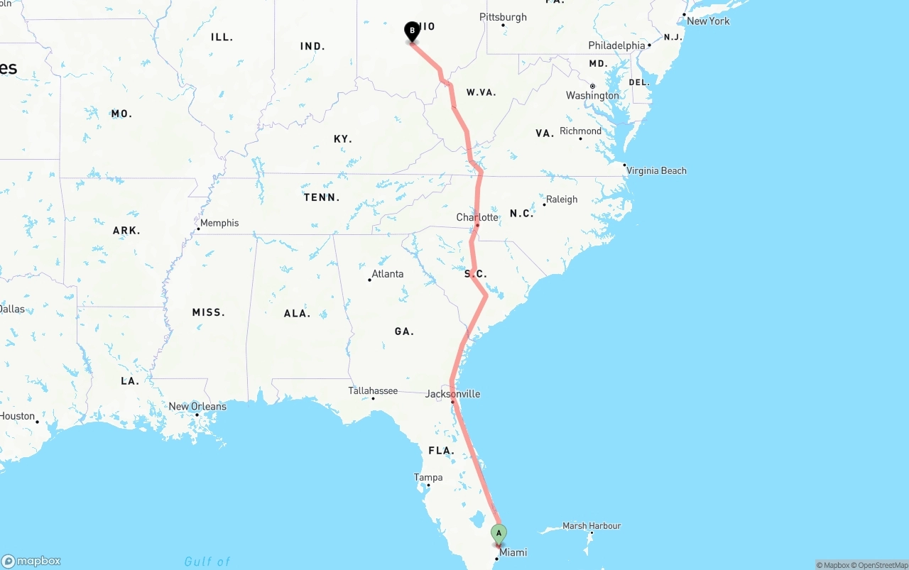 Shipping route from Ft. Lauderdale to Columbus