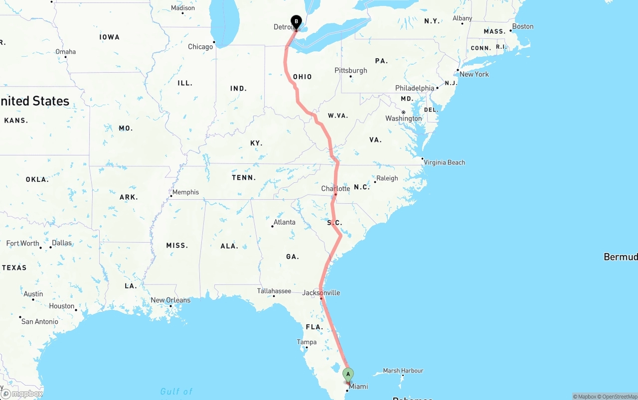 Shipping route from Ft. Lauderdale to Detroit
