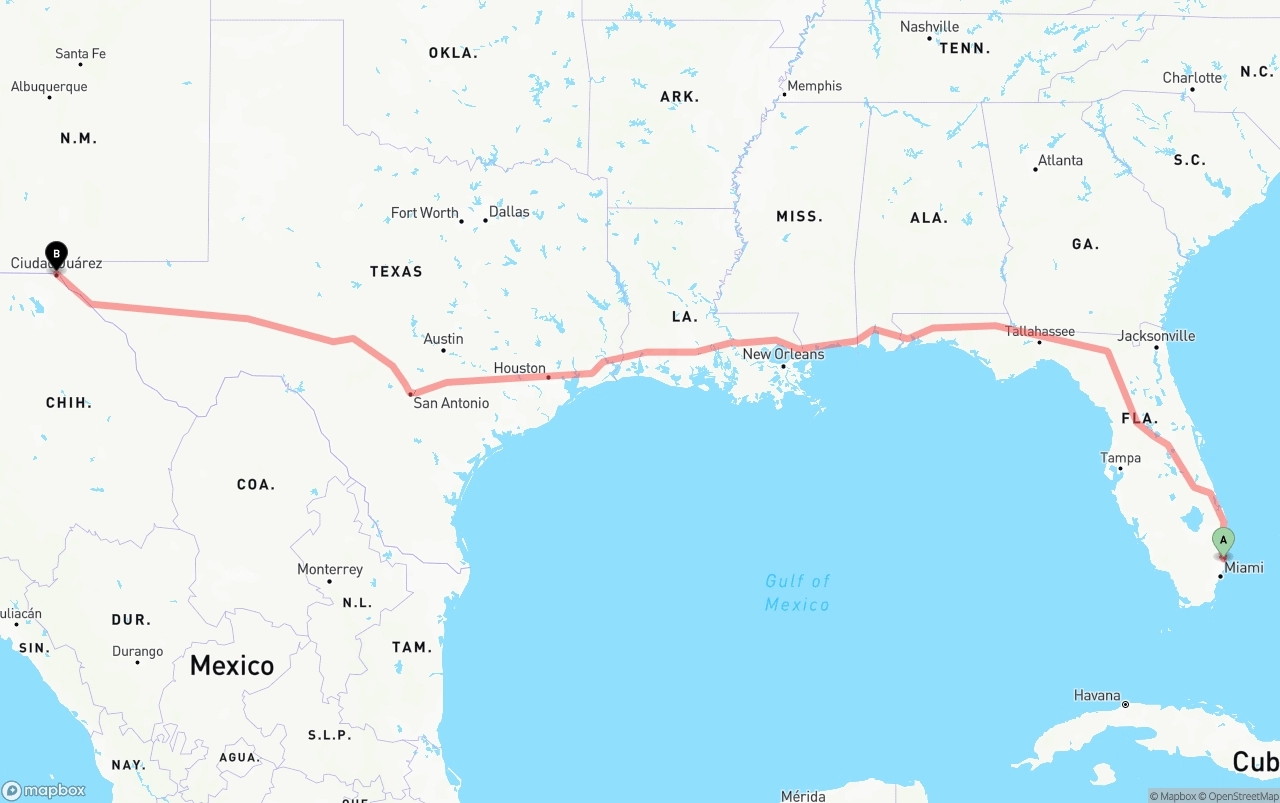 Shipping route from Ft. Lauderdale to El Paso