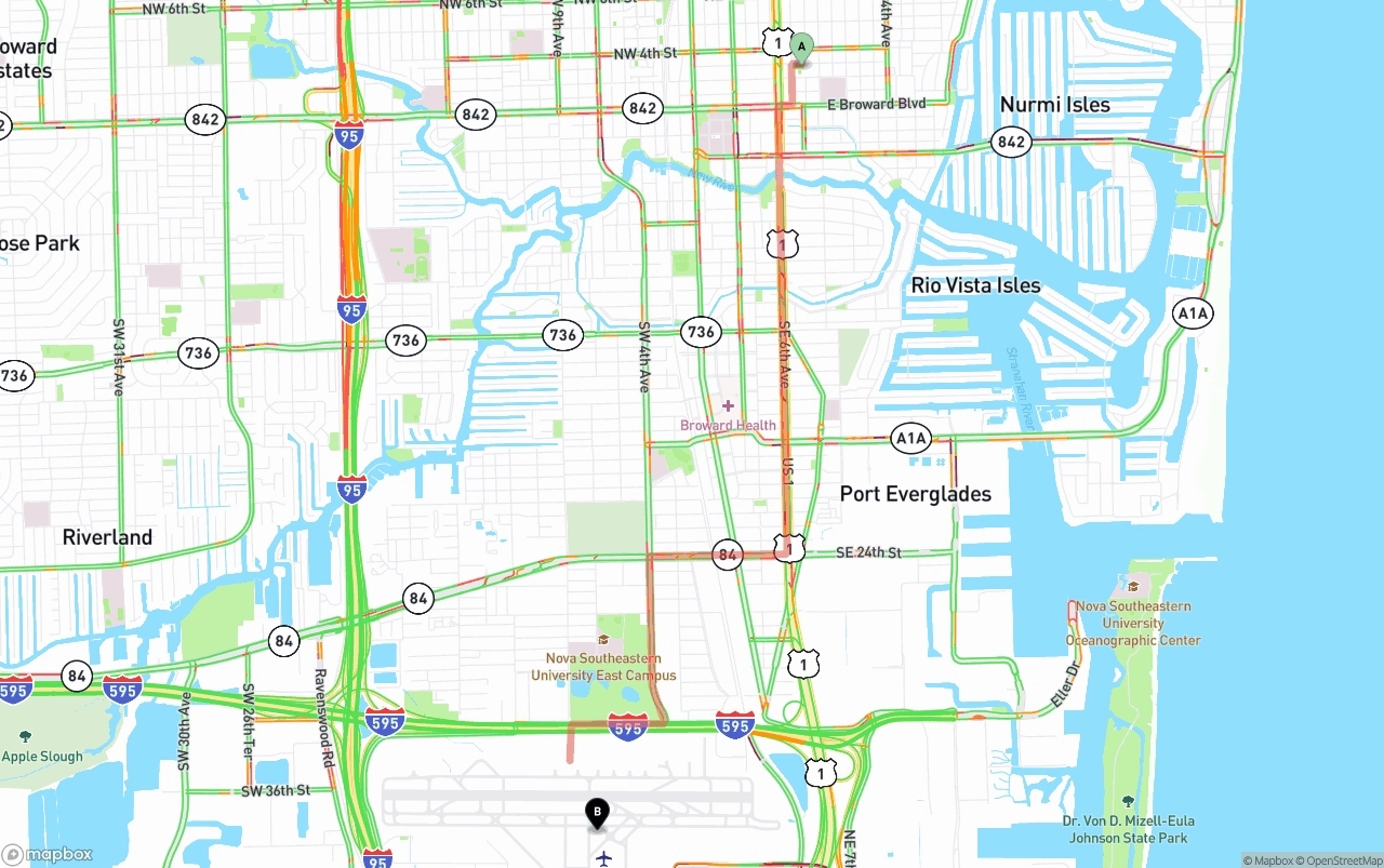 Shipping route from Ft. Lauderdale to Fort Lauderdale-Hollywood International Airport
