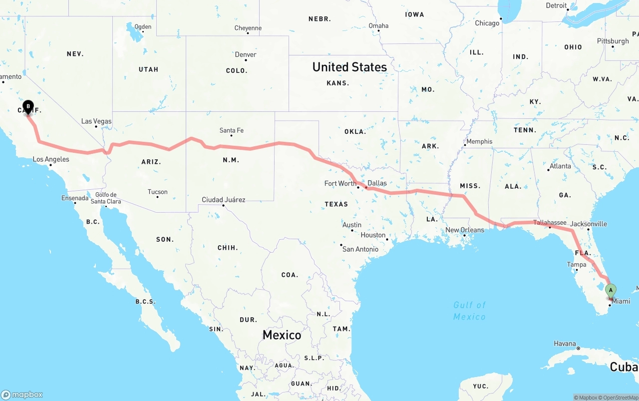 Shipping route from Ft. Lauderdale to Fresno