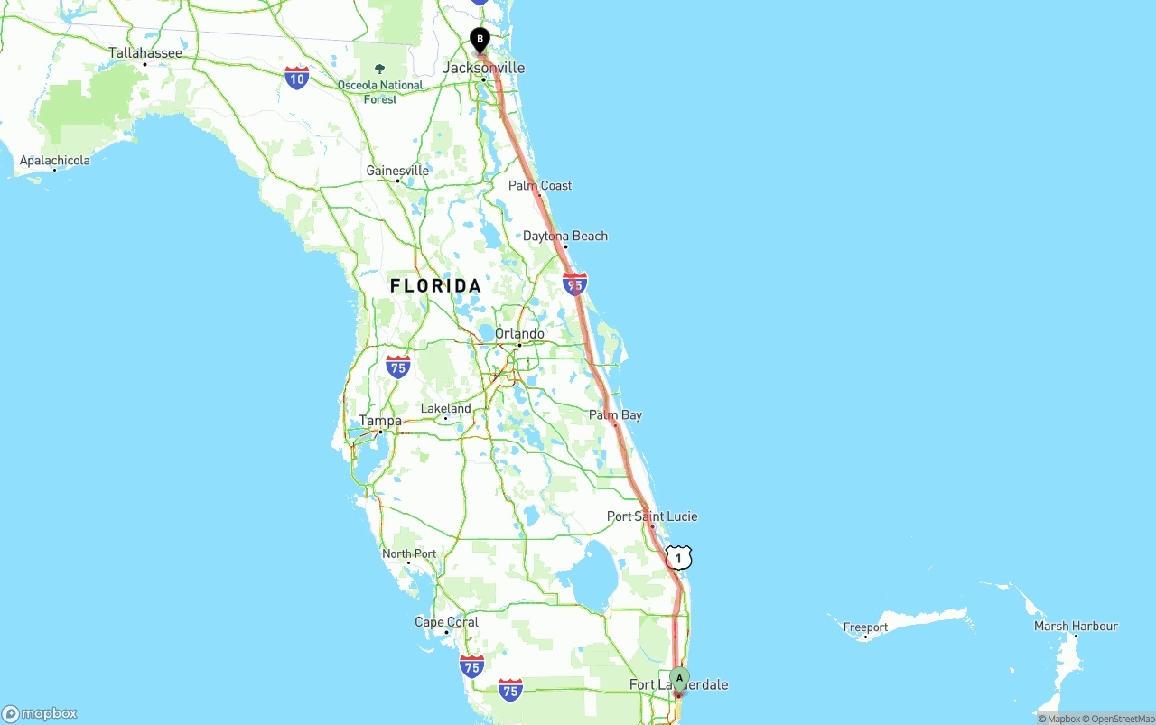 Shipping route from Ft. Lauderdale to Jacksonville International Airport