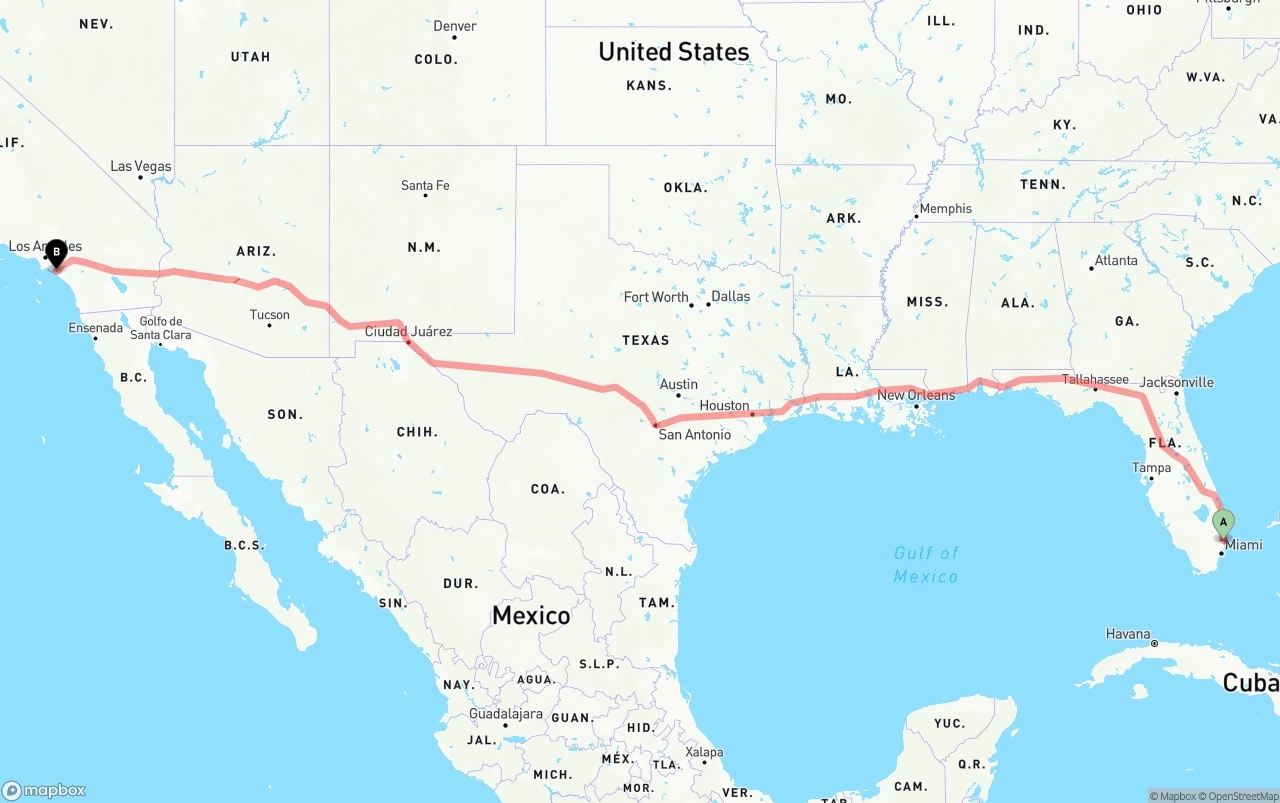 Shipping route from Ft. Lauderdale to John Wayne Airport — Orange County