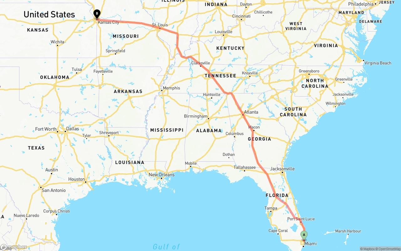 Shipping route from Ft. Lauderdale to Kansas City