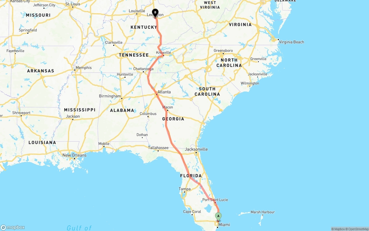 Shipping route from Ft. Lauderdale to Lexington