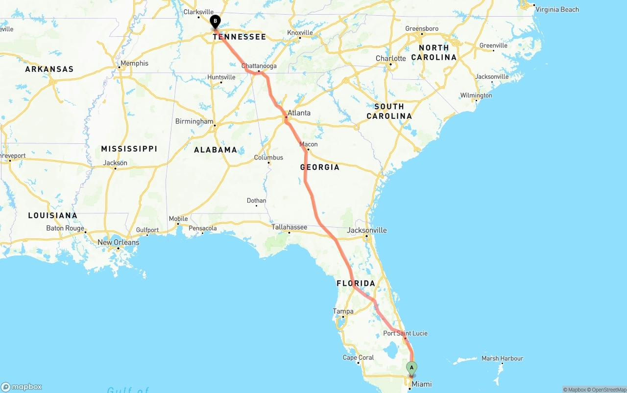 Shipping route from Ft. Lauderdale to Nashville