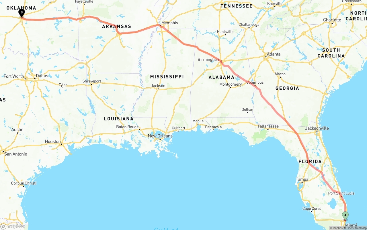 Shipping route from Ft. Lauderdale to Oklahoma City