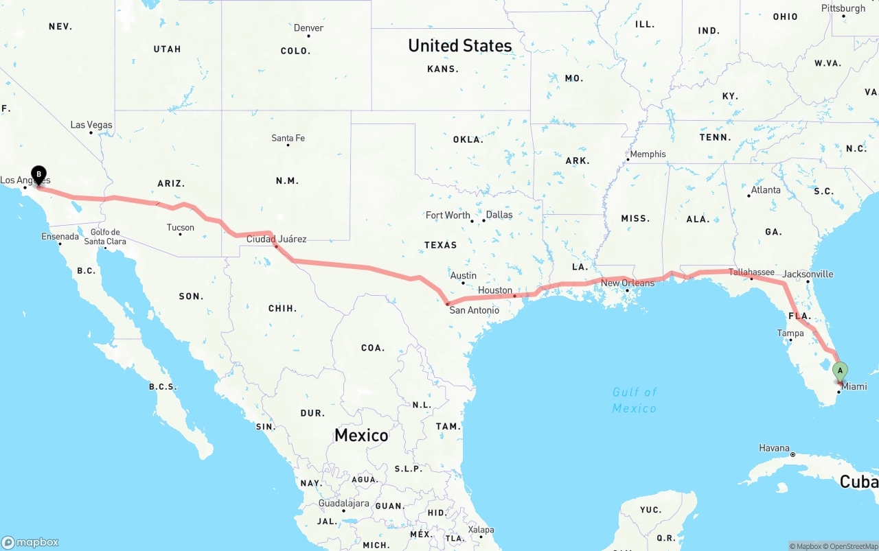 Shipping route from Ft. Lauderdale to Ontario International Airport