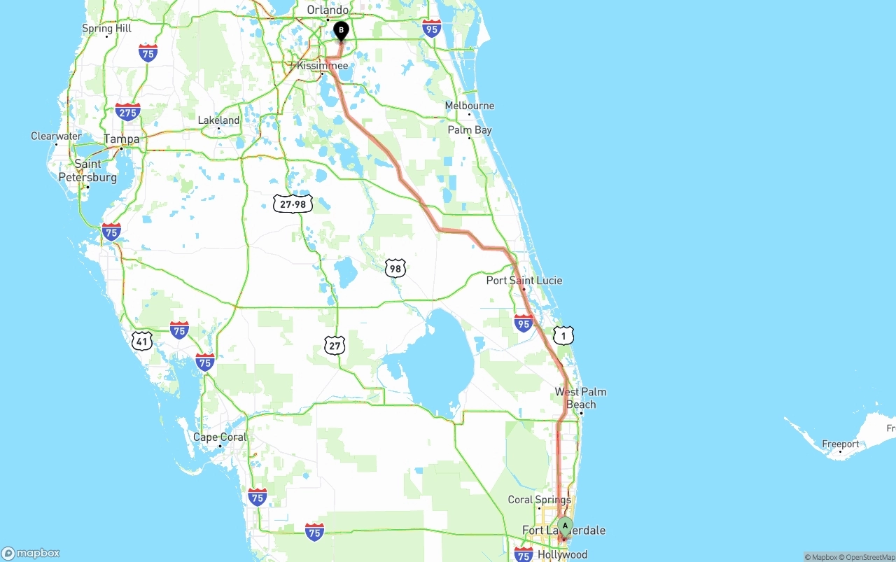 Shipping route from Ft. Lauderdale to Orlando International Airport