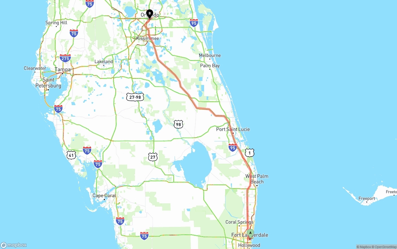 Shipping route from Ft. Lauderdale to Orlando
