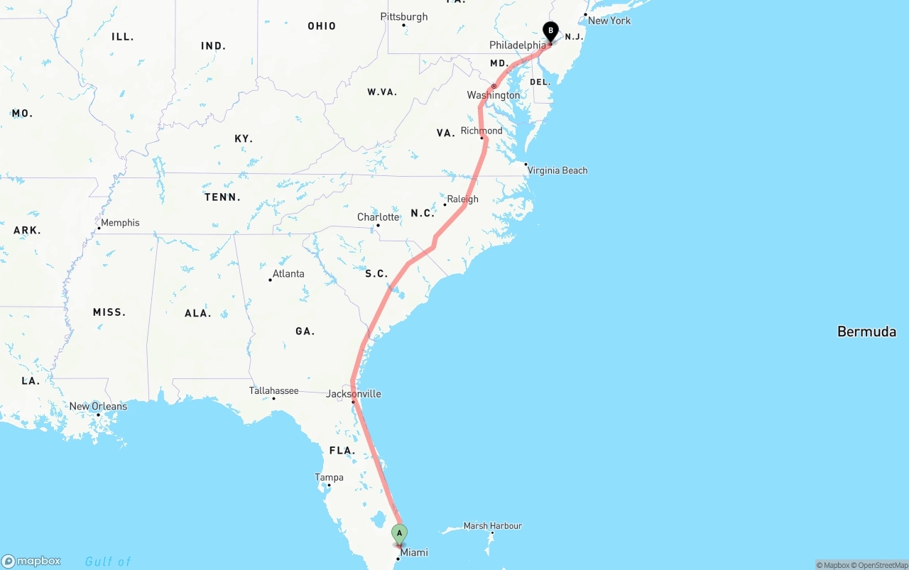 Shipping route from Ft. Lauderdale to Philadelphia