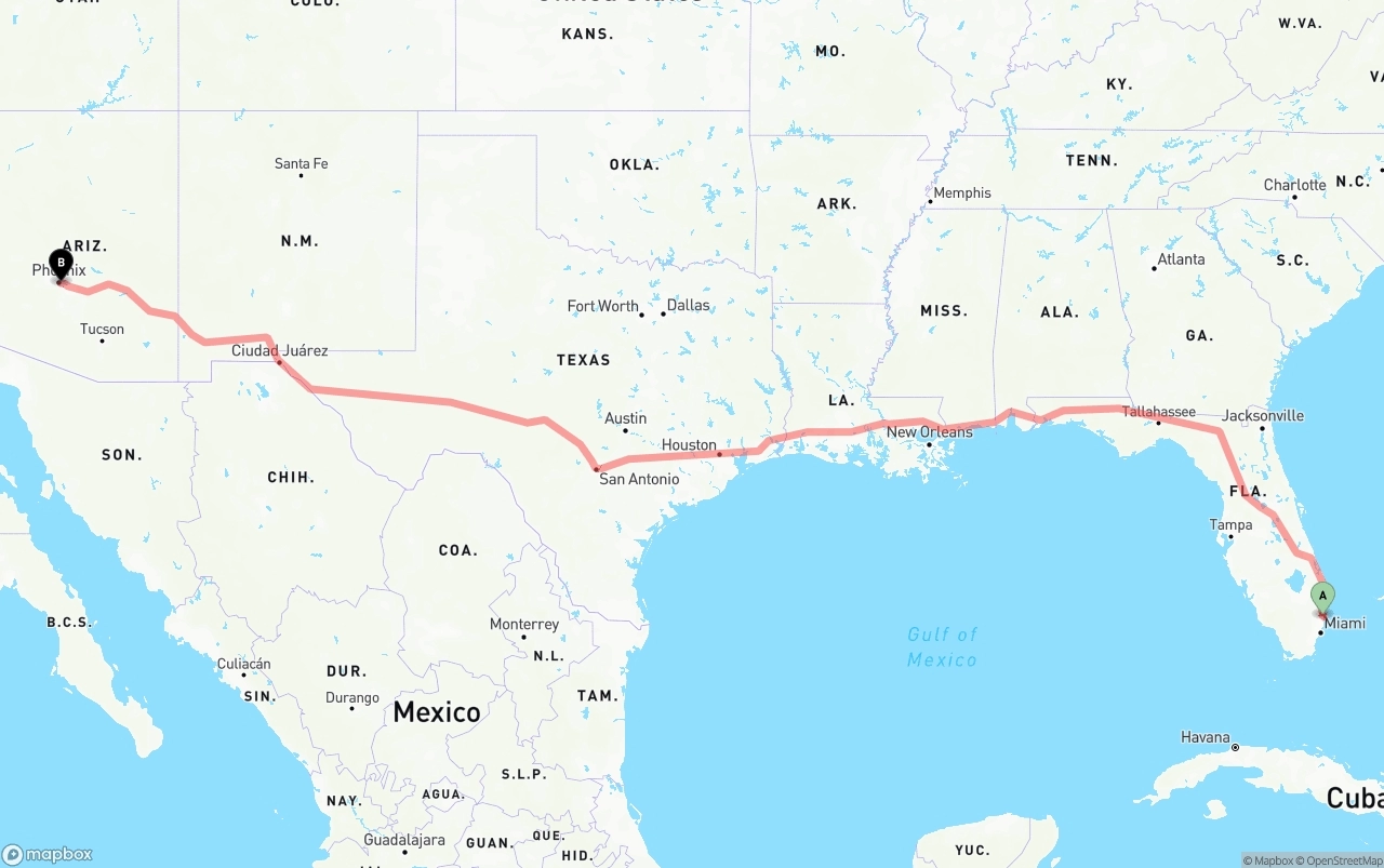 Shipping route from Ft. Lauderdale to Phoenix Sky Harbor International Airport