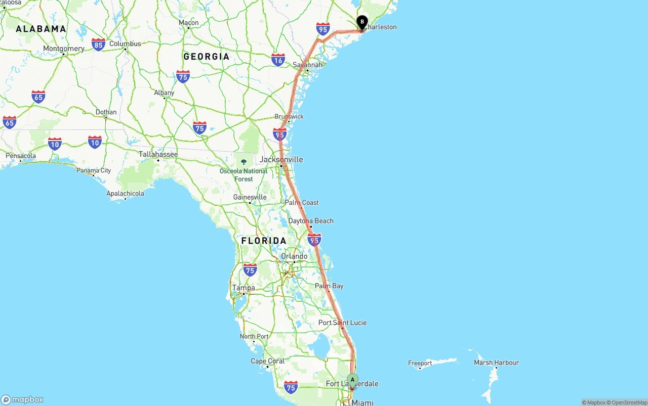 Shipping route from Ft. Lauderdale to Port of Charleston