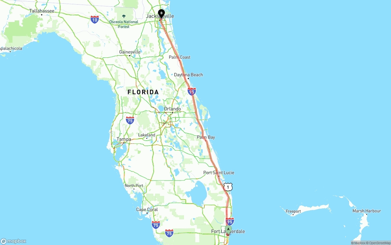 Shipping route from Ft. Lauderdale to Port of Jacksonville