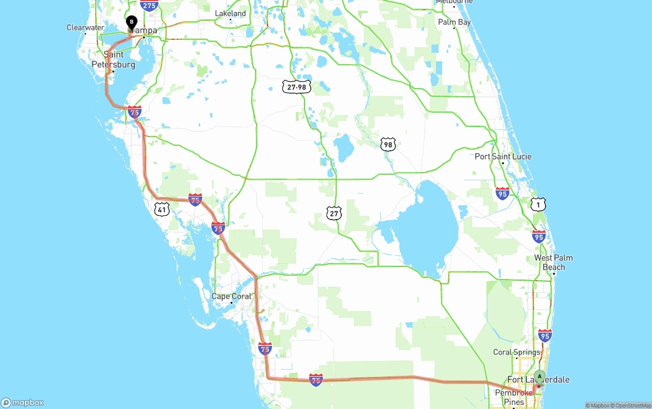 Shipping route from Ft. Lauderdale to Tampa International Airport