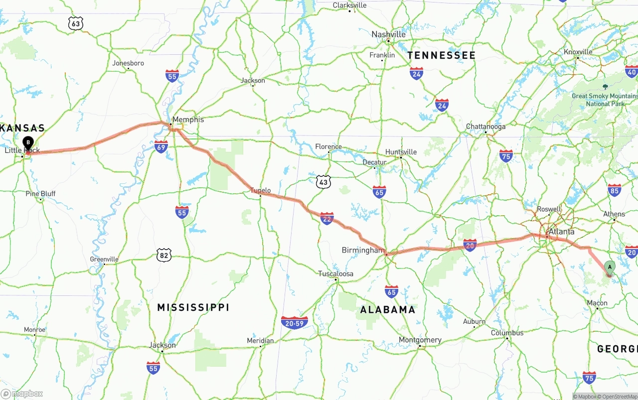 Shipping route from Georgia to Arkansas