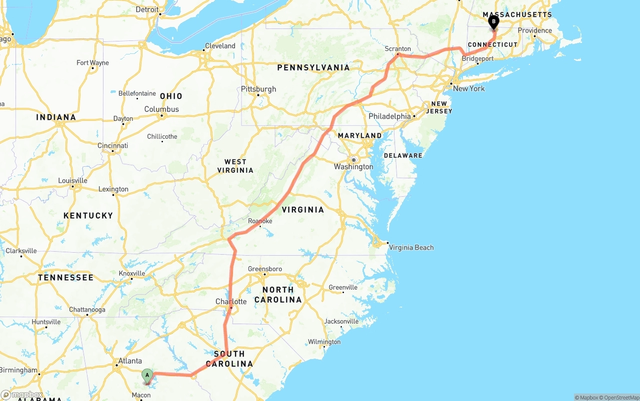 Shipping route from Georgia to Bradley International Airport