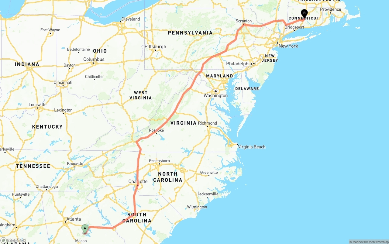 Shipping route from Georgia to Connecticut