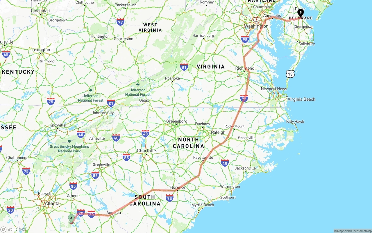 Shipping route from Georgia to Delaware