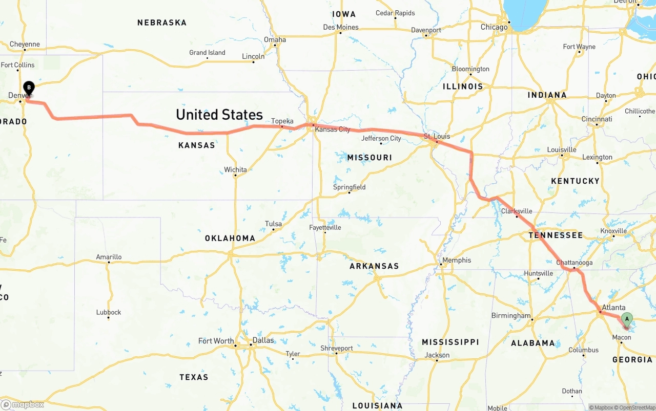 Shipping route from Georgia to Denver International Airport
