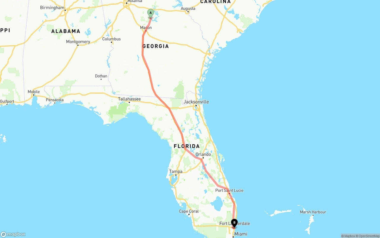 Shipping route from Georgia to Fort Lauderdale-Hollywood International Airport