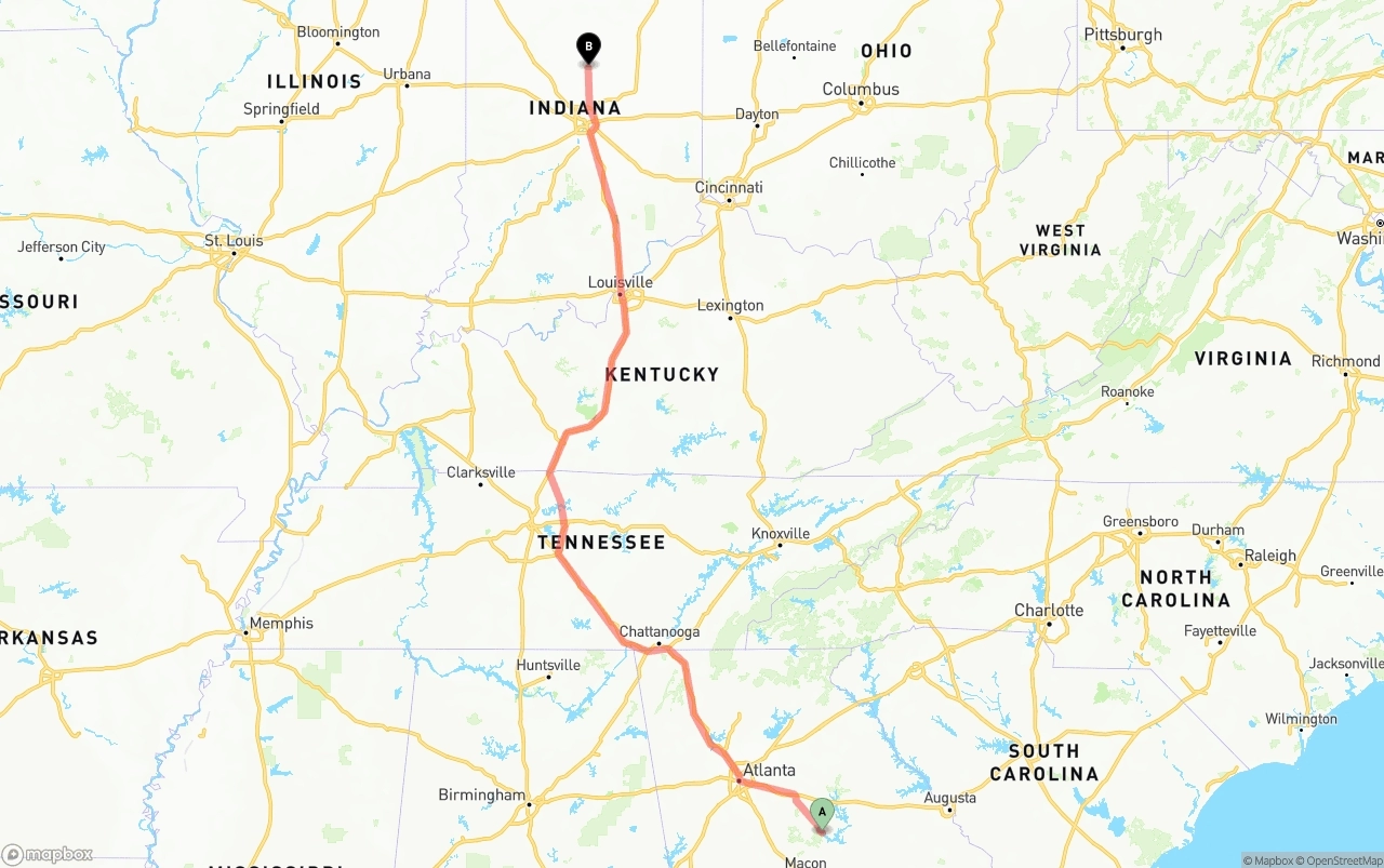 Shipping route from Georgia to Indiana