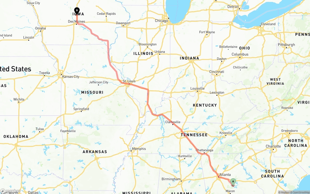 Shipping route from Georgia to Iowa