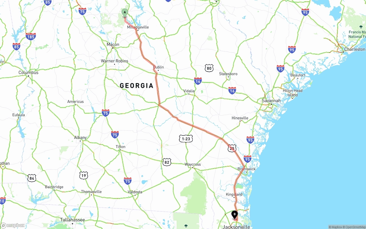 Shipping route from Georgia to Jacksonville International Airport
