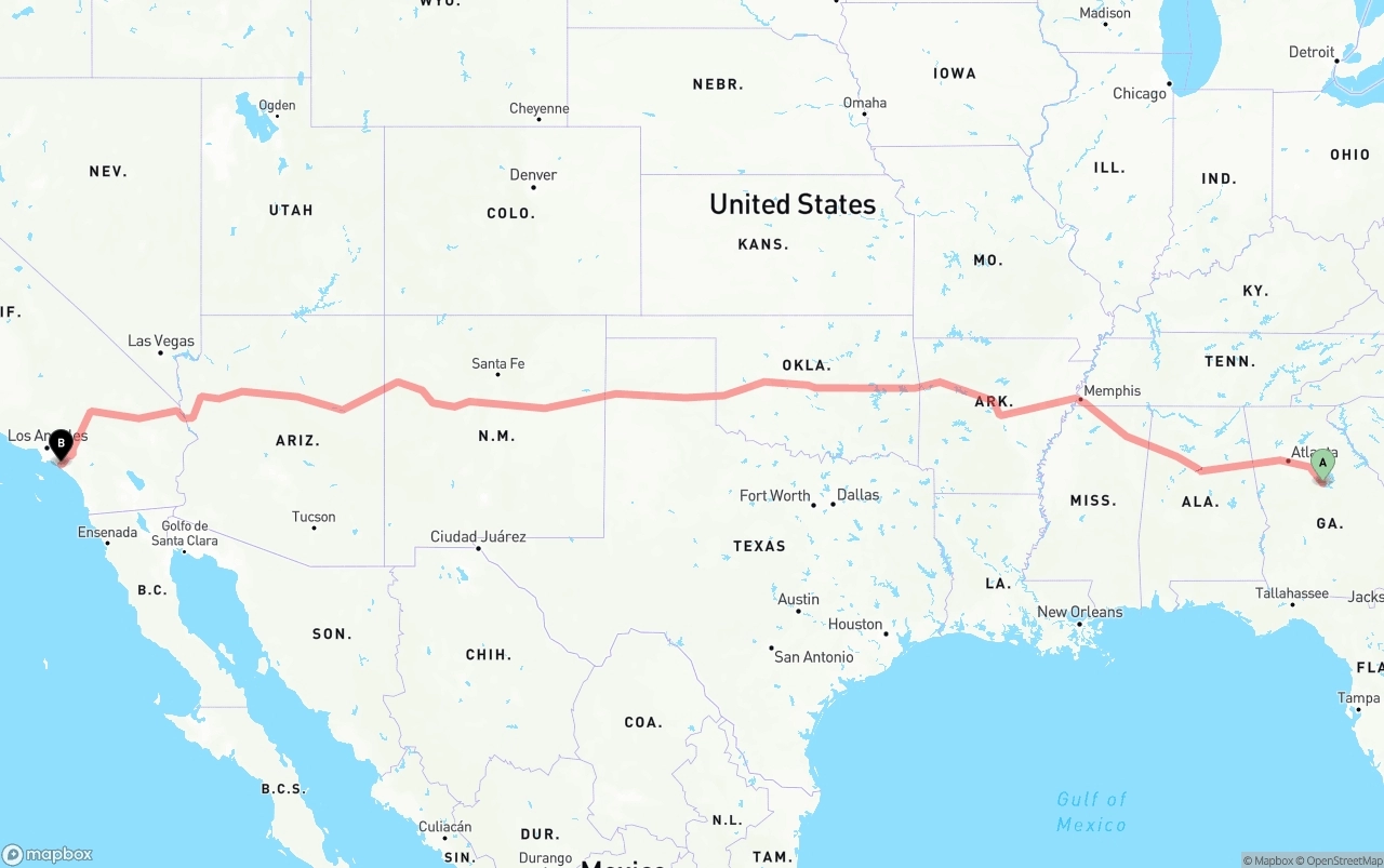 Shipping route from Georgia to John Wayne Airport — Orange County