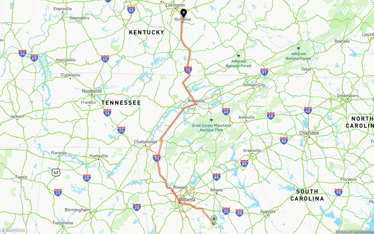 Shipping route from Georgia to Kentucky