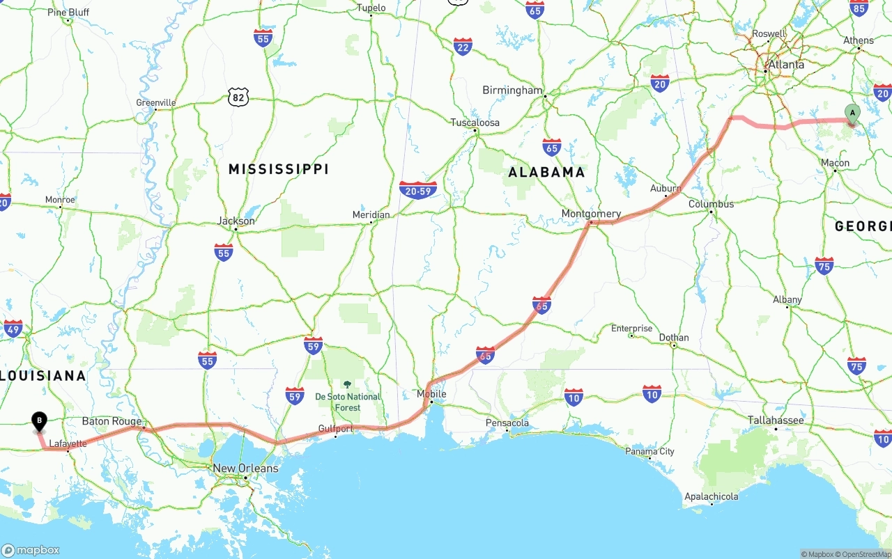 Shipping route from Georgia to Louisiana