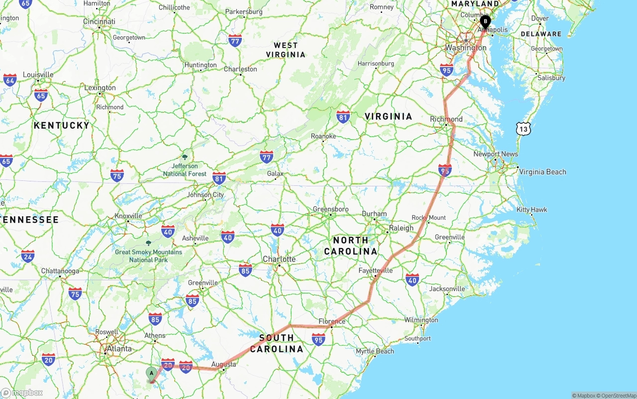 Shipping route from Georgia to Maryland