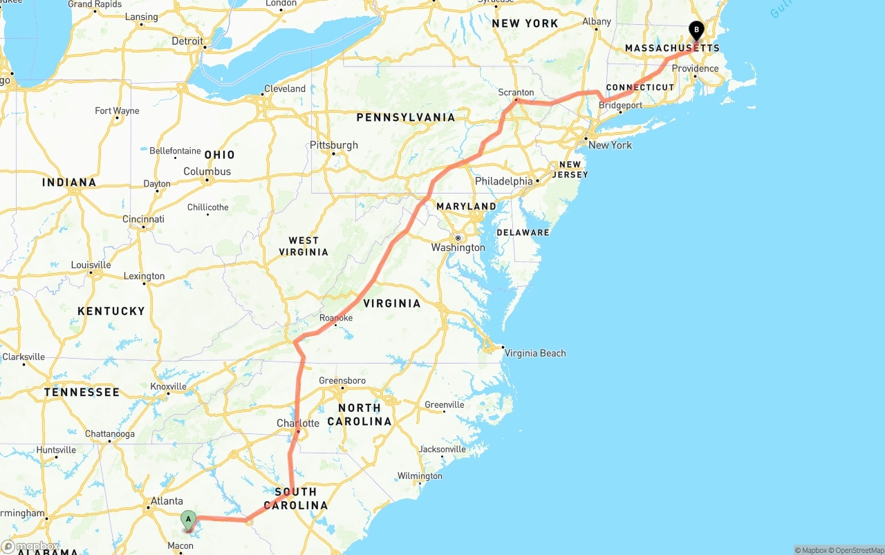 Shipping route from Georgia to Massachusetts