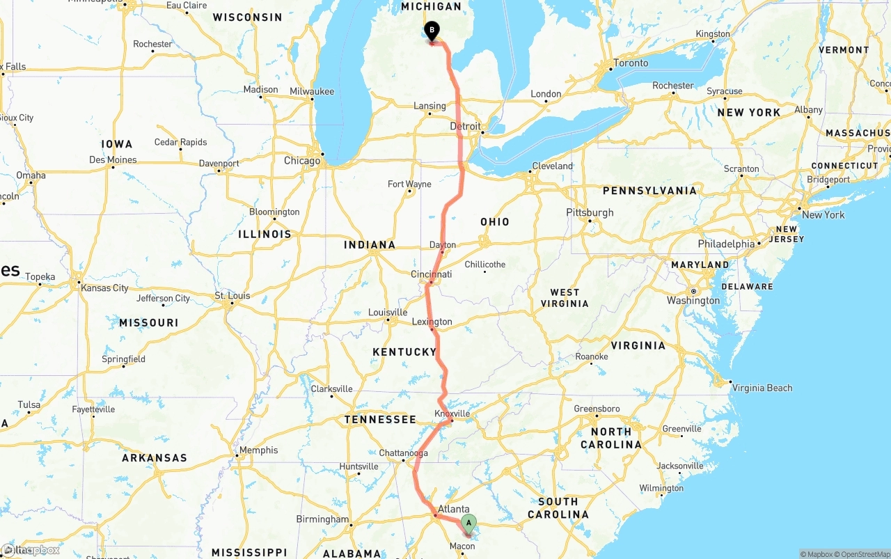 Shipping route from Georgia to Michigan